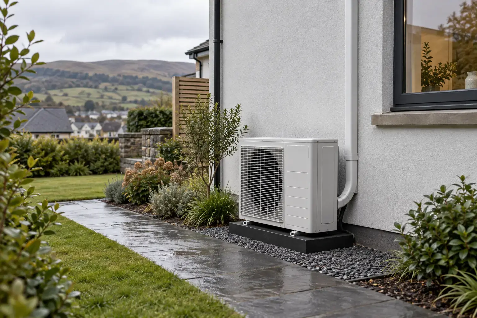 Editorial concept of an air conditioning outdoor unit beside a Welsh home with an open service path