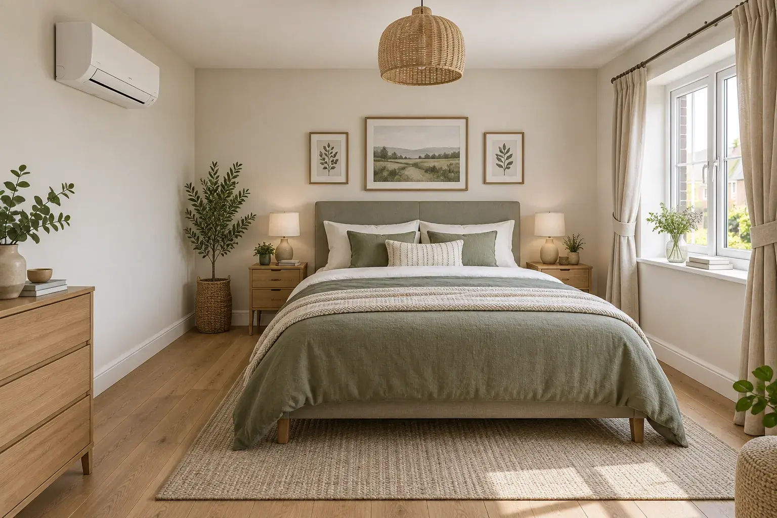 Bedroom design illustration with a white air conditioner on the side wall, sage bedding and an unobstructed window