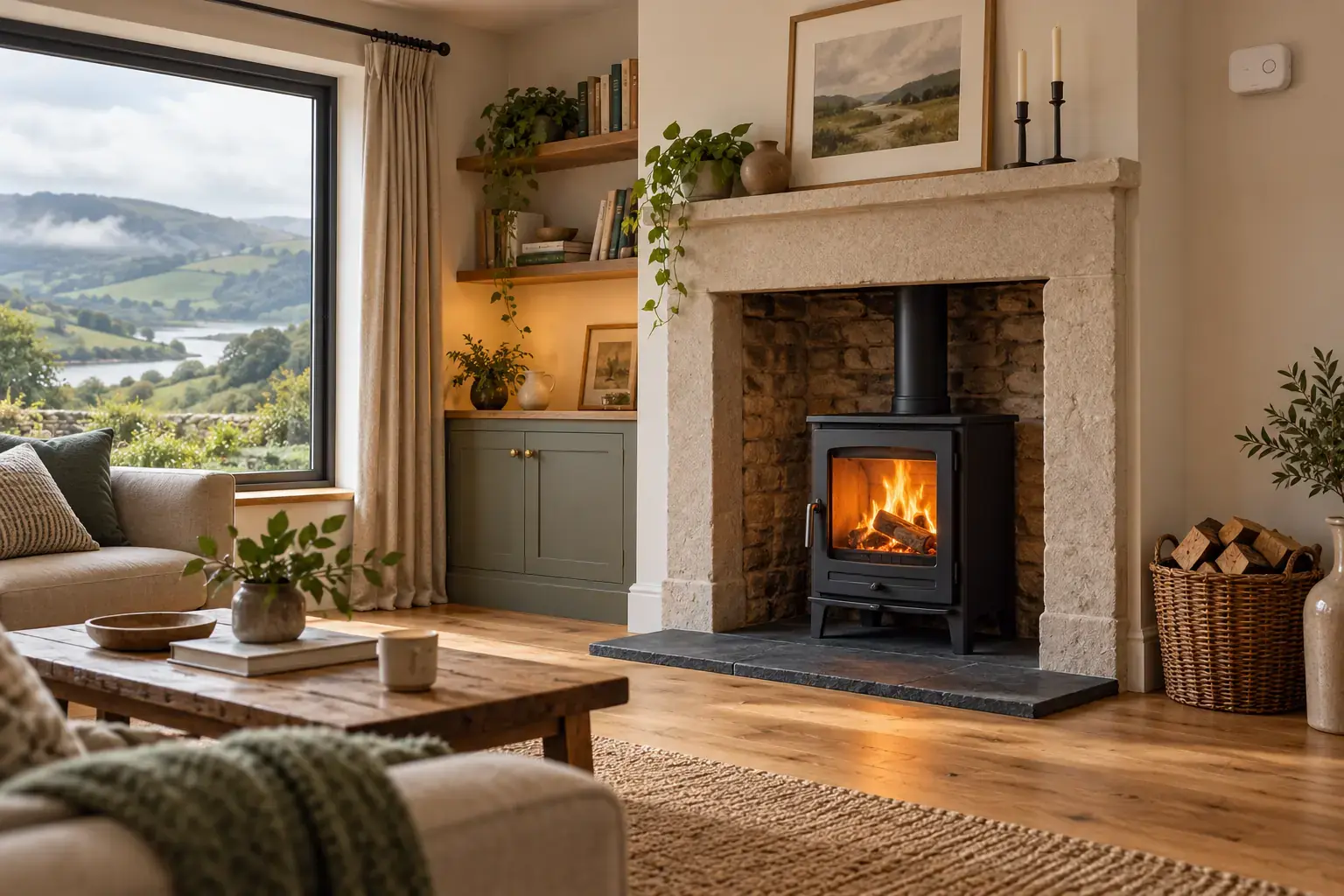Editorial illustration of a carbon monoxide alarm mounted on the wall beside a wood-burning stove in a Welsh living room