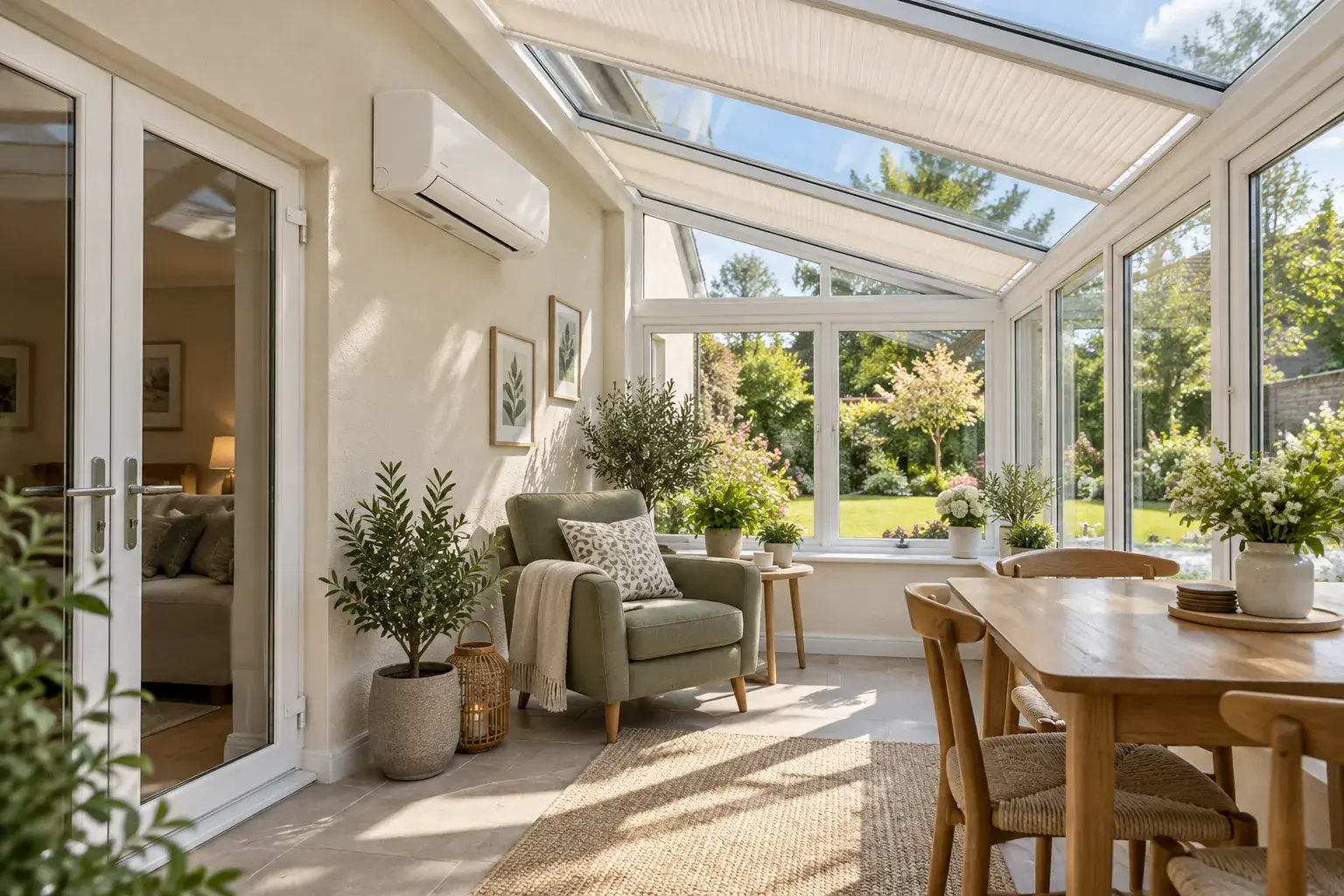 Editorial conservatory concept with roof blinds, a wall-mounted air conditioner and glazed doors separating it from the house