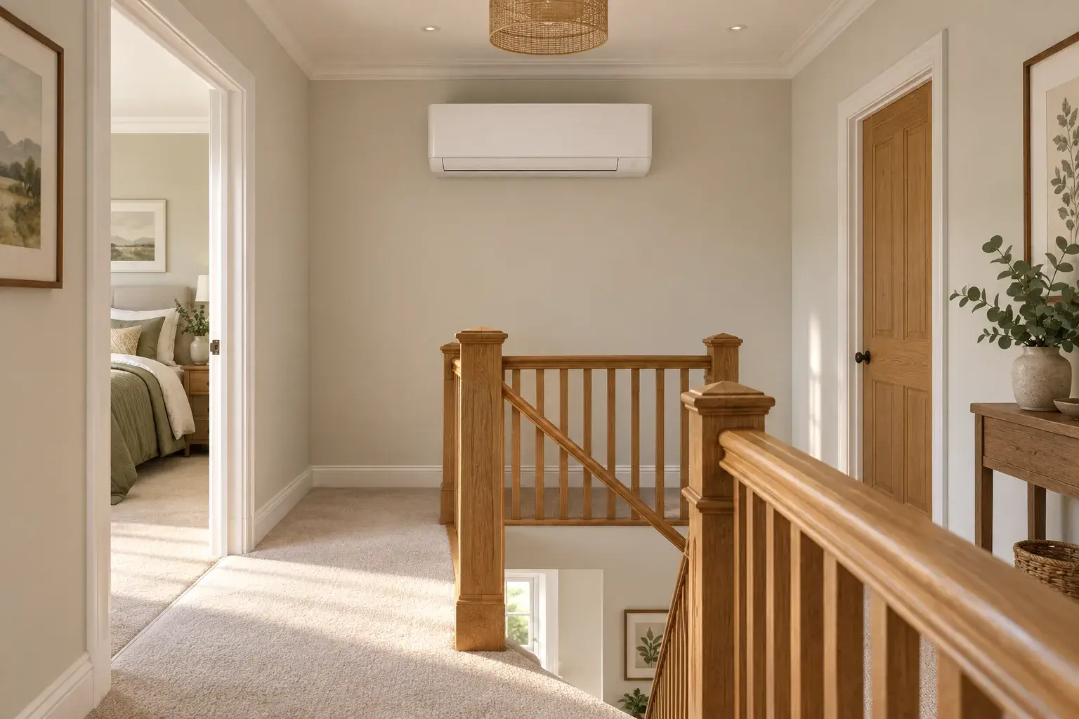 Architectural concept of an upstairs landing with a wall-mounted air conditioner, an open bedroom doorway and an oak stair rail