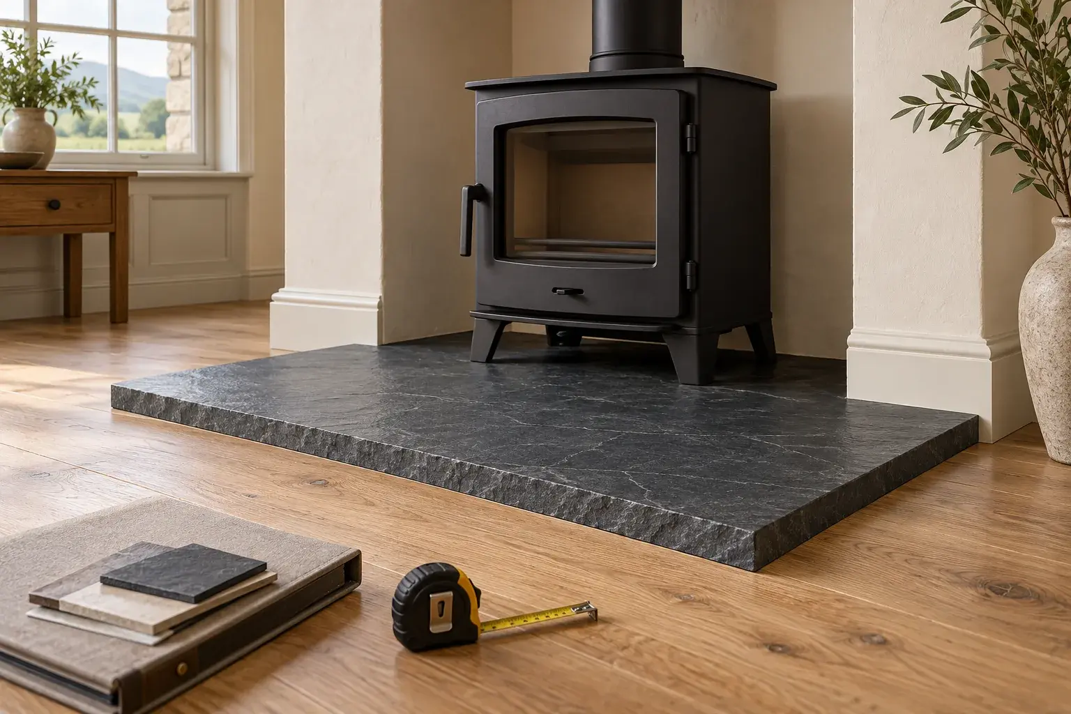 Editorial concept of an unlit black stove on a clearly edged dark stone hearth, with material samples and a tape measure in the foreground