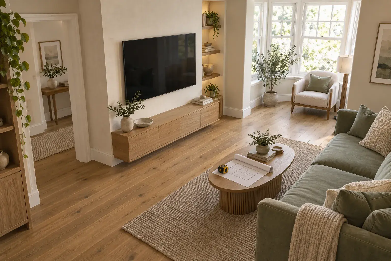 Concept illustration showing a projecting cream media wall, oak cabinet and walking space beside a sage sofa