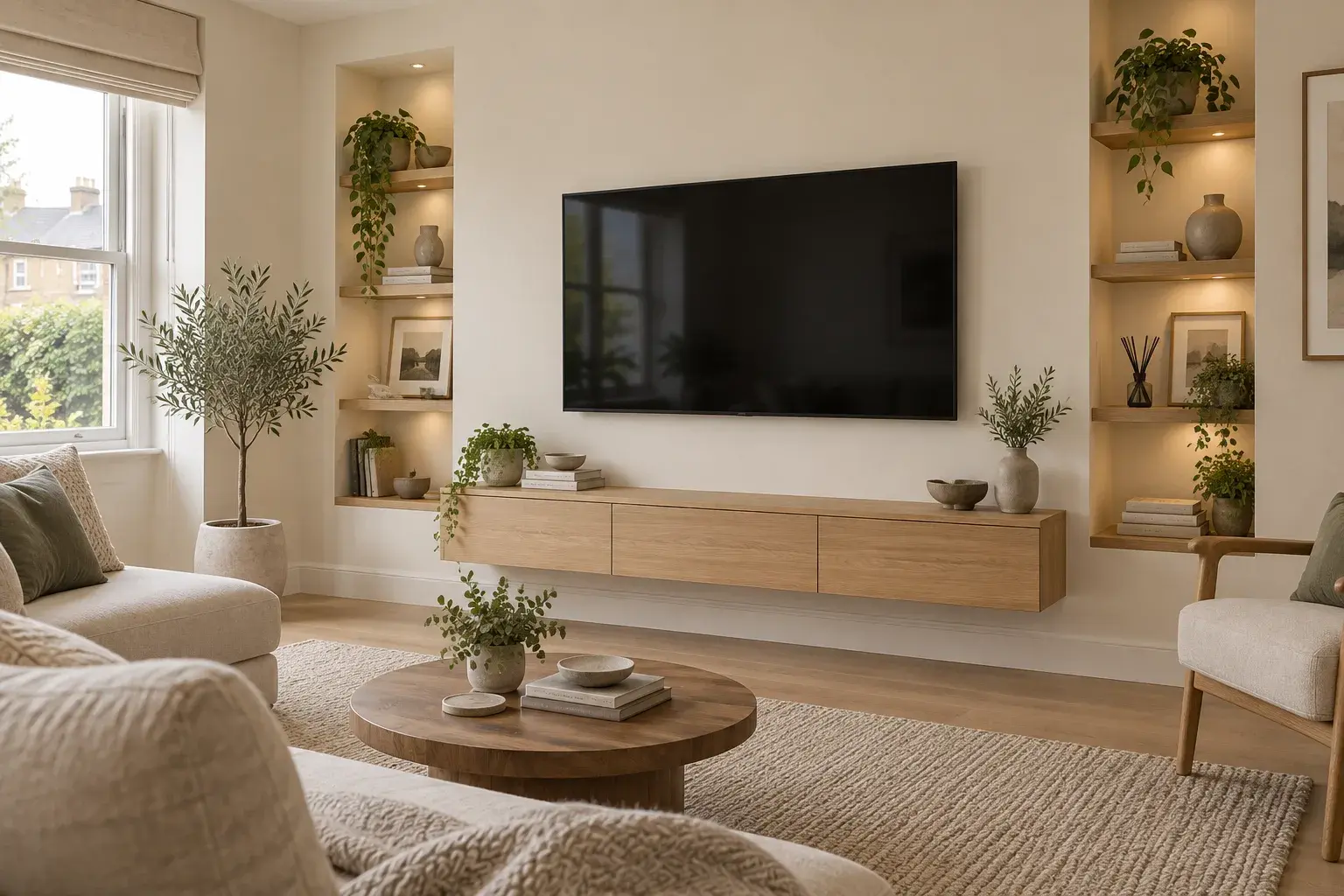 Design illustration of a low-mounted television on a cream media wall with an oak cabinet and sofa