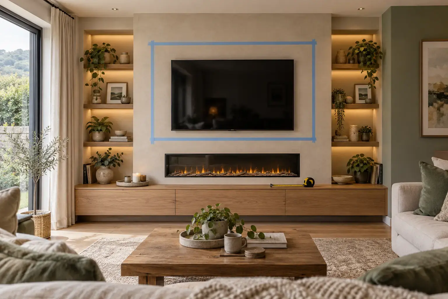 Planning illustration of a media wall TV with a larger screen outline marked in blue tape