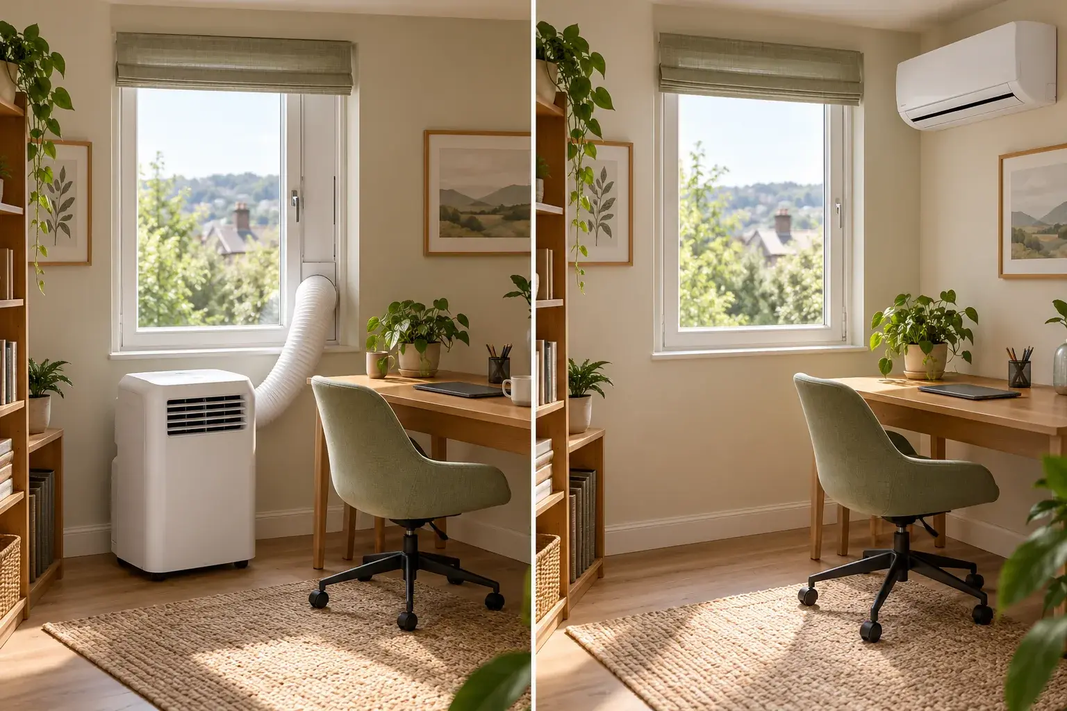 Two home-office concepts comparing a portable air conditioner vented through a window with a wall-mounted split unit