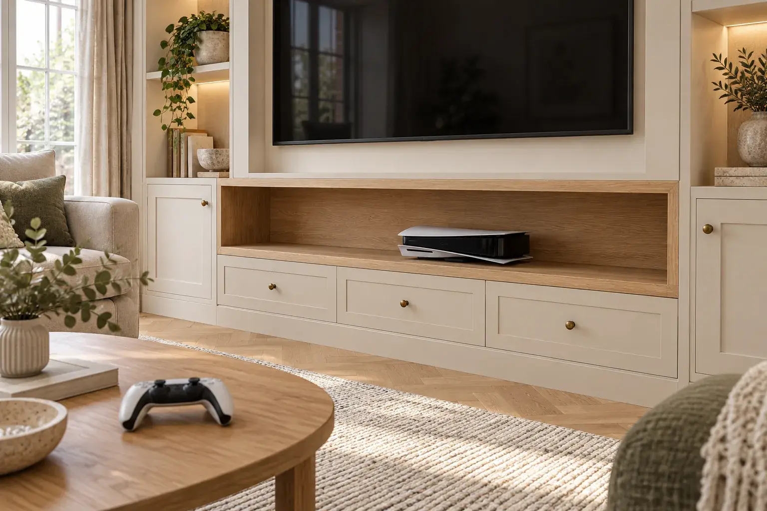 Editorial concept of a horizontal white-and-black games console on a broad open oak shelf beneath a media wall TV